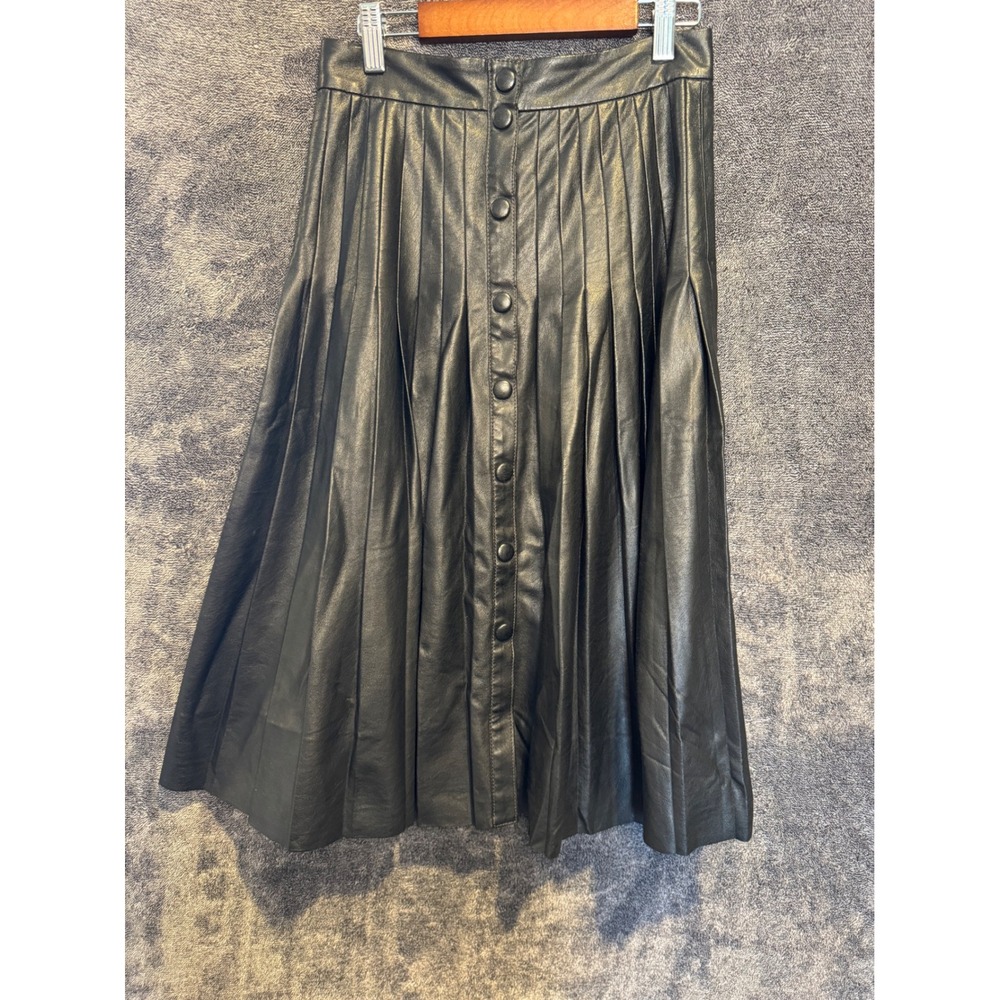 Rebecca Taylor Black Faux Leather Pleated Midi Skirt Button Front Size 0 RN96705